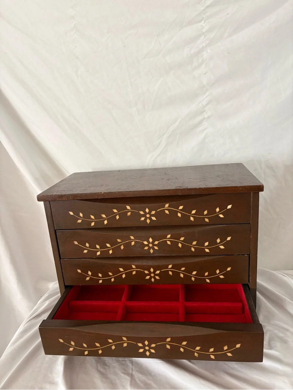Vintage wood inlay large jewelry box storage boho midcentury home decor
